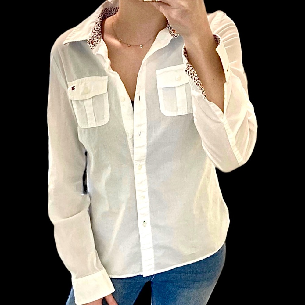 Tommy Hilfiger white button down shirt with floral trim size xl